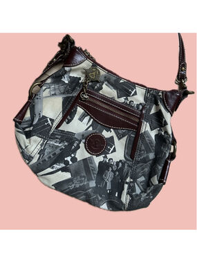 Vintage Sydney Love Air Line Print Shoulder Bag Y2K Canvas Leather Burgundy Trav